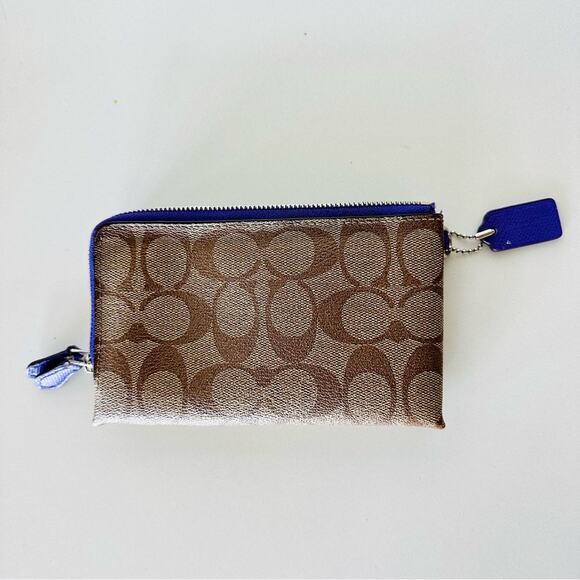 COACH Brown Tan Emblem Logo Purple Zipper Card Holder Wristlet Bag Purse Wallet - Picture 5 of 12